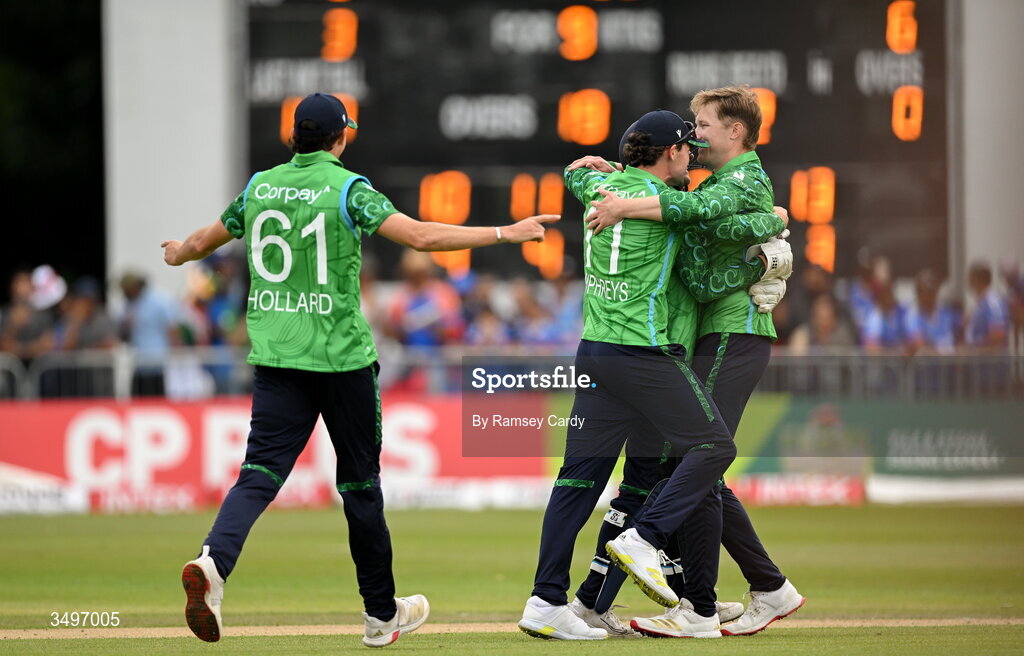 28 June 2026; Ireland players celebrate after match two of the Spinny Cup Men's T20 International series between Ireland and India at Stormont in Belfast. Photo by Ramsey Cardy/Sportsfile