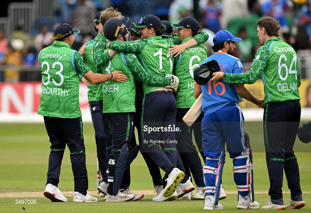 28 June 2026; Ireland players celebrate after match two of the Spinny Cup Men's T20 International series between Ireland and India at Stormont in Belfast. Photo by Ramsey Cardy/Sportsfile