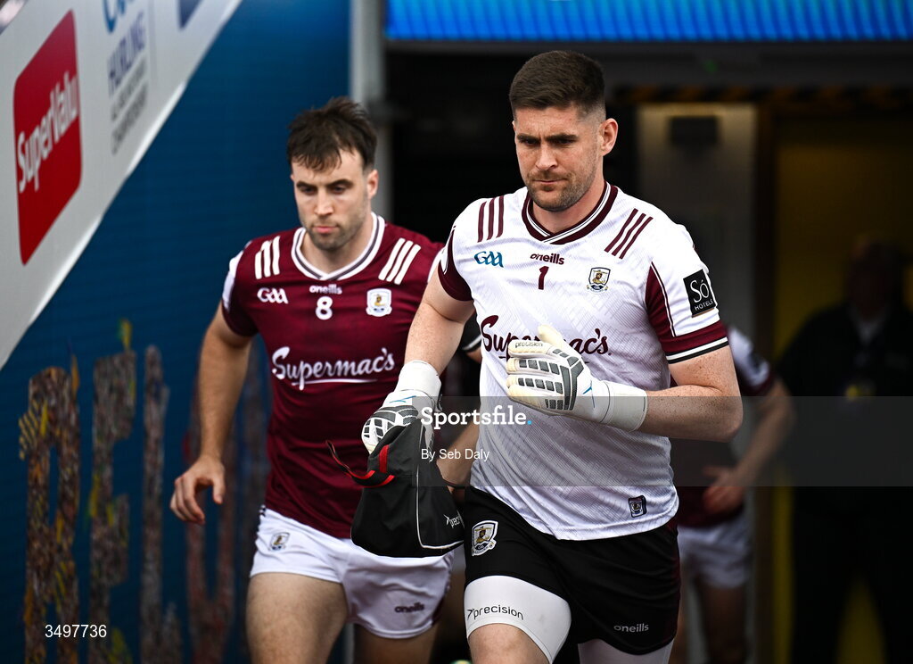 28 June 2026; Galway goalkeeper Connor Gleeson, right, and Paul Conroy before the GAA Football All-Ireland Senior Championship quarter-final match between Dublin and Galway at Croke Park in Dublin. Photo by Seb Daly/Sportsfile