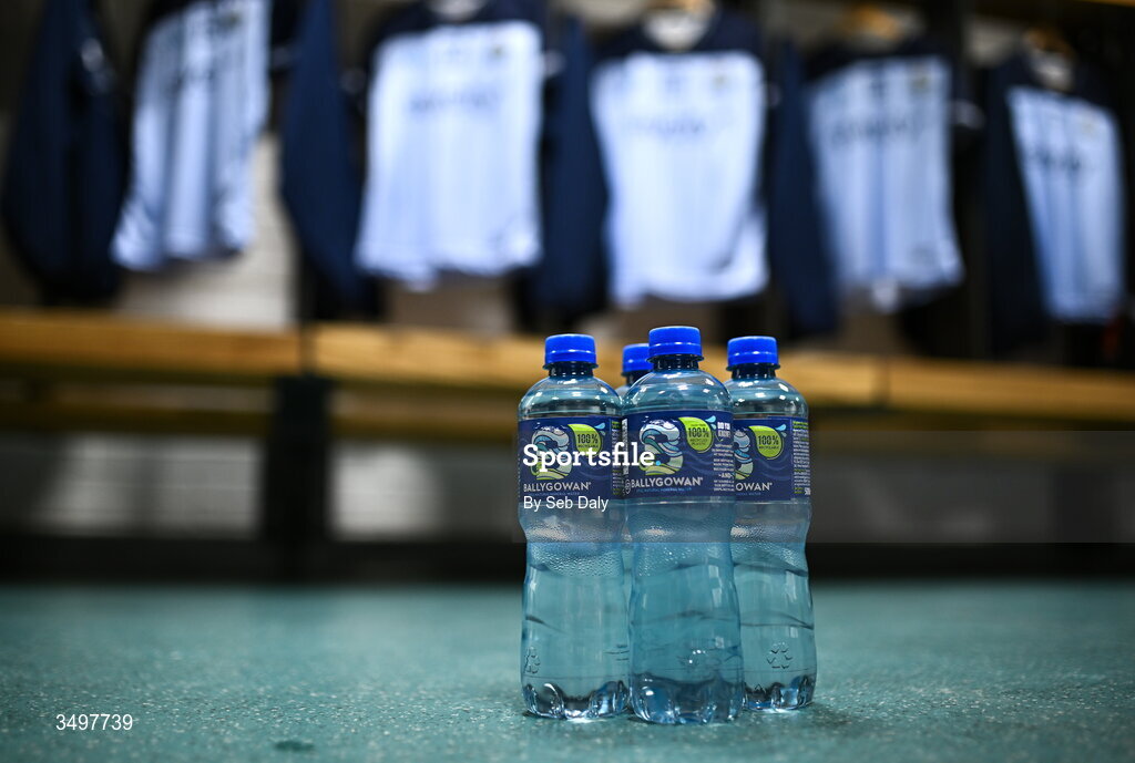 28 June 2026; Ballygowan bottles in the Dublin dressing room before the GAA Football All-Ireland Senior Championship quarter-final match between Dublin and Galway at Croke Park in Dublin. Photo by Seb Daly/Sportsfile