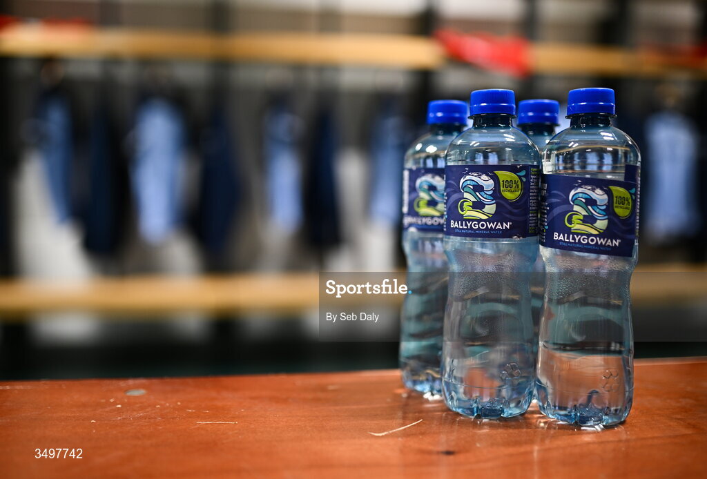 28 June 2026; Ballygowan bottles in the Dublin dressing room before the GAA Football All-Ireland Senior Championship quarter-final match between Dublin and Galway at Croke Park in Dublin. Photo by Seb Daly/Sportsfile
