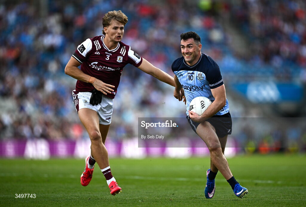 28 June 2026; Colm Basquel of Dublin in action against Cian Hernon of Galway during the GAA Football All-Ireland Senior Championship quarter-final match between Dublin and Galway at Croke Park in Dublin. Photo by Seb Daly/Sportsfile