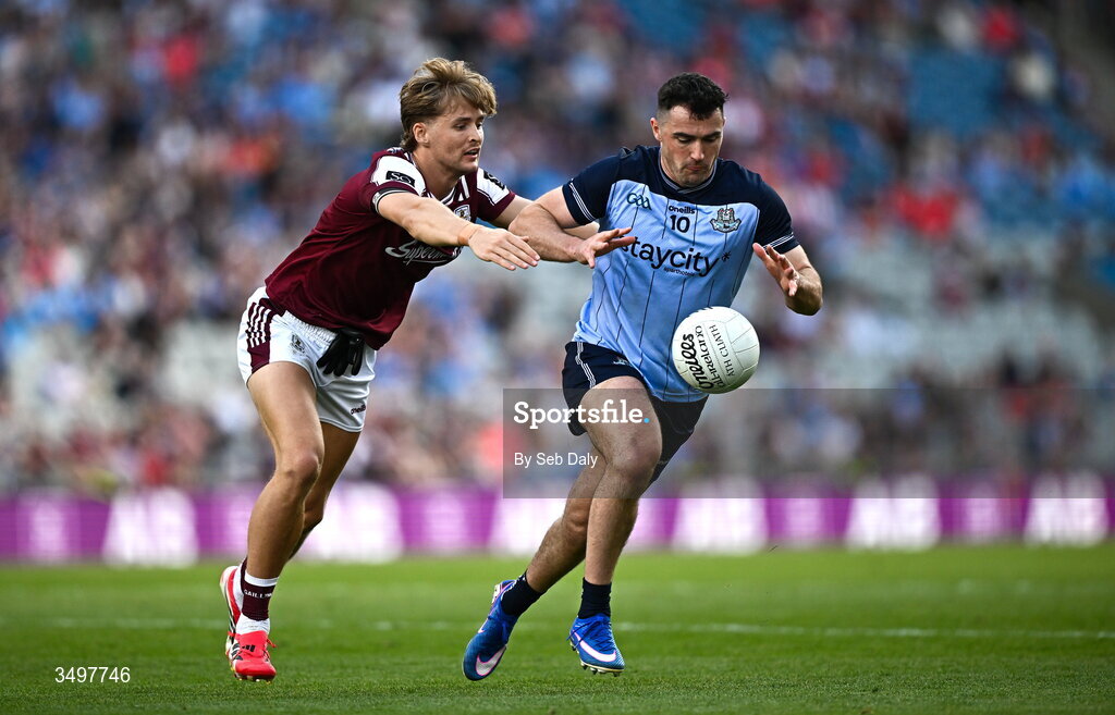 28 June 2026; Colm Basquel of Dublin in action against Cian Hernon of Galway during the GAA Football All-Ireland Senior Championship quarter-final match between Dublin and Galway at Croke Park in Dublin. Photo by Seb Daly/Sportsfile