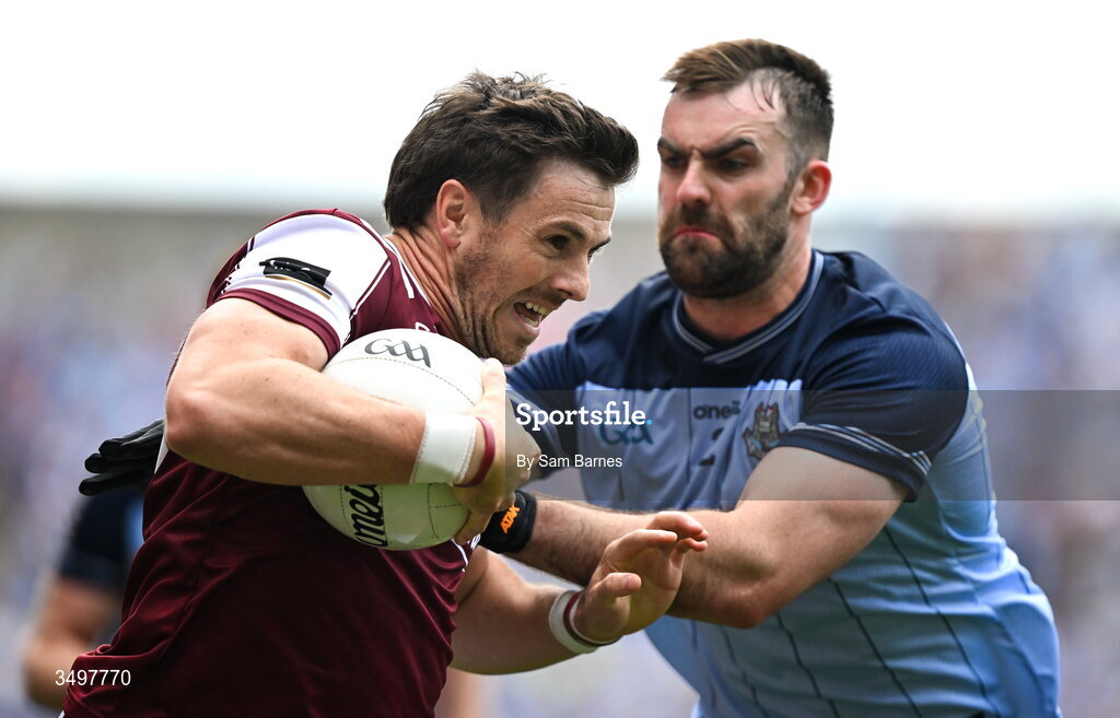 28 June 2026; Shane Walsh of Galway in action against Seán MacMahon of Dublin during the GAA Football All-Ireland Senior Championship quarter-final match between Dublin and Galway at Croke Park in Dublin. Photo by Sam Barnes/Sportsfile