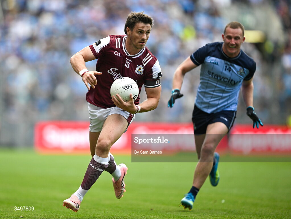 28 June 2026; Shane Walsh of Galway in action against Ciaran Kilkenny of Dublin during the GAA Football All-Ireland Senior Championship quarter-final match between Dublin and Galway at Croke Park in Dublin. Photo by Sam Barnes/Sportsfile