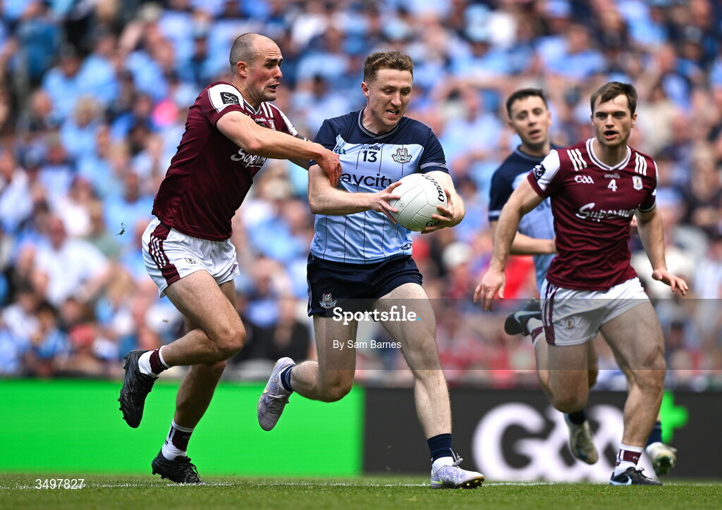 28 June 2026; Paddy Small of Dublin in action against John Maher of Galway during the GAA Football All-Ireland Senior Championship quarter-final match between Dublin and Galway at Croke Park in Dublin. Photo by Sam Barnes/Sportsfile