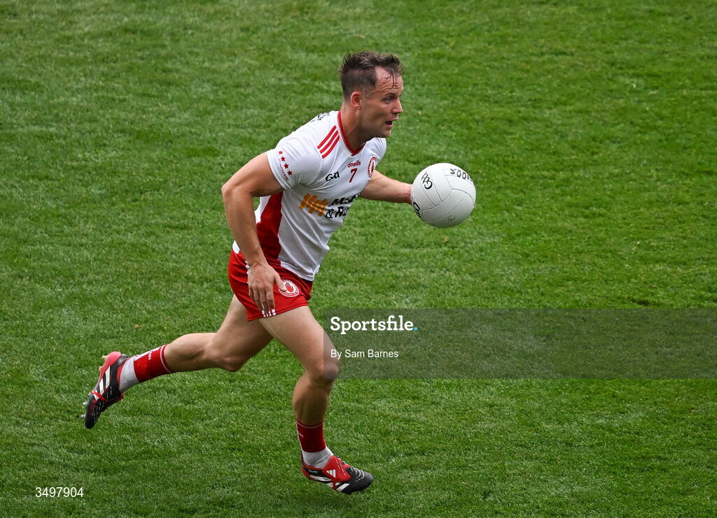 27 June 2026; Kieran McGeary of Tyrone during the GAA Football All-Ireland Senior Championship quarter-final match between Kerry and Tyrone at Croke Park in Dublin. Photo by Sam Barnes/Sportsfile