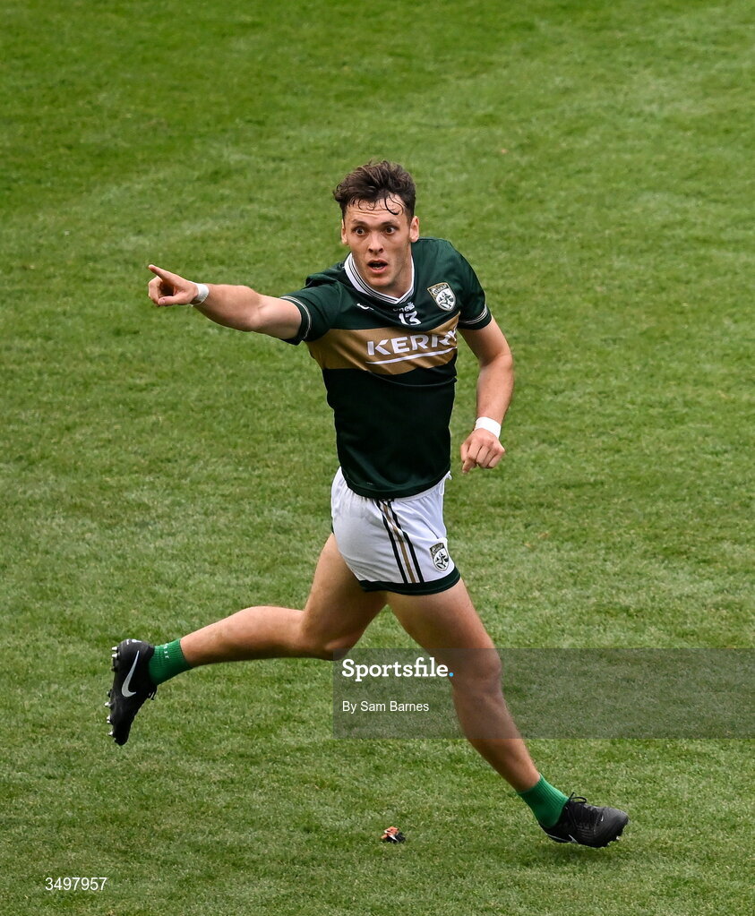 27 June 2026; David Clifford of Kerry celebrates after scoring his side's first goal during the GAA Football All-Ireland Senior Championship quarter-final match between Kerry and Tyrone at Croke Park in Dublin. Photo by Sam Barnes/Sportsfile