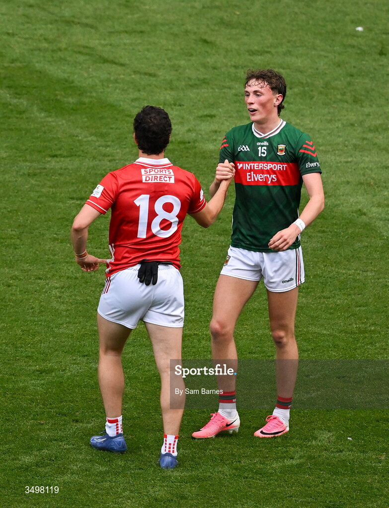27 June 2026; Kobe McDonald of Mayo shakes hands with Seán Brady of Cork after the GAA Football All-Ireland Senior Championship quarter-final match between Cork and Mayo at Croke Park in Dublin. Photo by Sam Barnes/Sportsfile