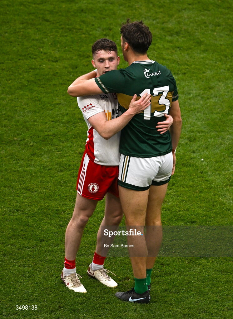 27 June 2026; Peter Teague of Tyrone and David Clifford of Kerry shake hands after the GAA Football All-Ireland Senior Championship quarter-final match between Kerry and Tyrone at Croke Park in Dublin. Photo by Sam Barnes/Sportsfile