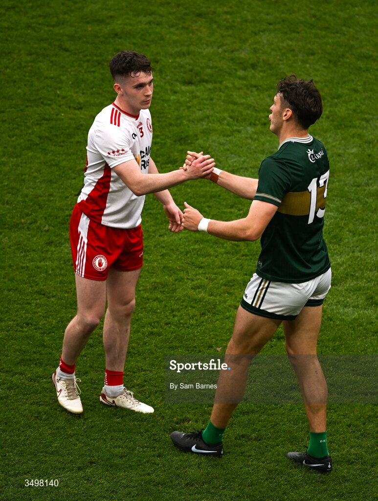 27 June 2026; Peter Teague of Tyrone and David Clifford of Kerry shake hands after the GAA Football All-Ireland Senior Championship quarter-final match between Kerry and Tyrone at Croke Park in Dublin. Photo by Sam Barnes/Sportsfile