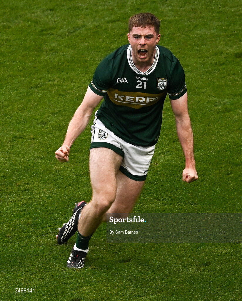 27 June 2026; Armin Heinrich of Kerry celebrates after scoring his side's second goal during the GAA Football All-Ireland Senior Championship quarter-final match between Kerry and Tyrone at Croke Park in Dublin. Photo by Sam Barnes/Sportsfile
