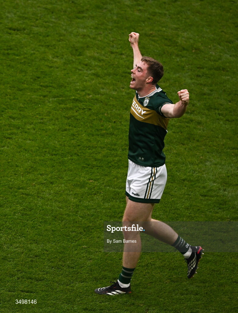 27 June 2026; Armin Heinrich of Kerry celebrates after scoring his side's second goal during the GAA Football All-Ireland Senior Championship quarter-final match between Kerry and Tyrone at Croke Park in Dublin. Photo by Sam Barnes/Sportsfile