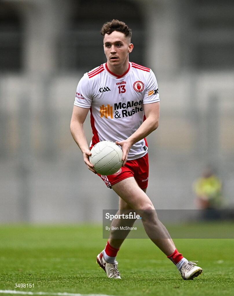 27 June 2026; Eoin McElholm of Tyrone during the GAA Football All-Ireland Senior Championship quarter-final match between Kerry and Tyrone at Croke Park in Dublin. Photo by Ben McShane/Sportsfile
