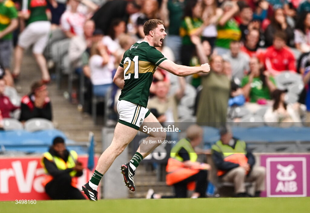 27 June 2026; Armin Heinrich of Kerry celebrates after scoring his side's second goal during the GAA Football All-Ireland Senior Championship quarter-final match between Kerry and Tyrone at Croke Park in Dublin. Photo by Ben McShane/Sportsfile