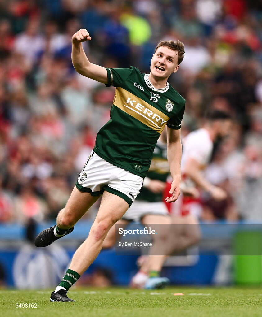 27 June 2026; Keith Evans of Kerry celebrates a score during the GAA Football All-Ireland Senior Championship quarter-final match between Kerry and Tyrone at Croke Park in Dublin. Photo by Ben McShane/Sportsfile