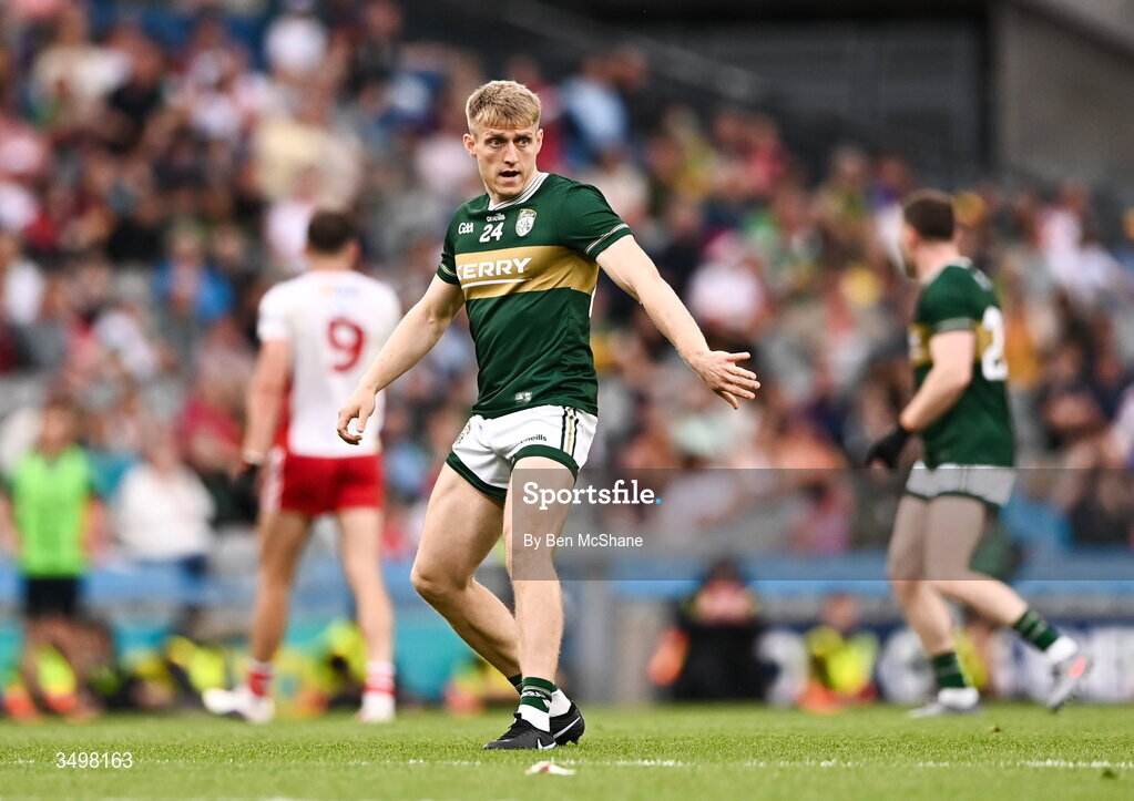 27 June 2026; Killian Spillane of Kerry during the GAA Football All-Ireland Senior Championship quarter-final match between Kerry and Tyrone at Croke Park in Dublin. Photo by Ben McShane/Sportsfile