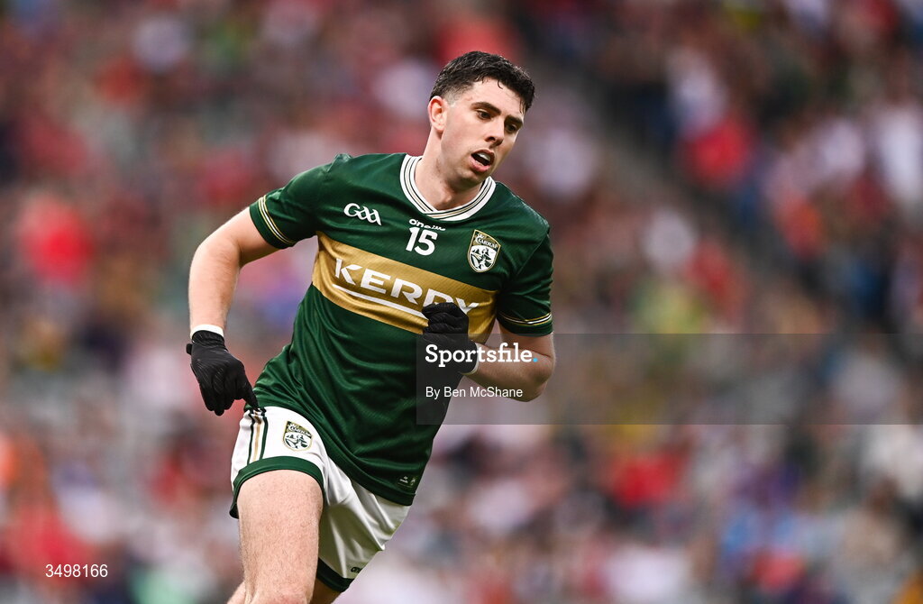27 June 2026; Dylan Geaney of Kerry during the GAA Football All-Ireland Senior Championship quarter-final match between Kerry and Tyrone at Croke Park in Dublin. Photo by Ben McShane/Sportsfile