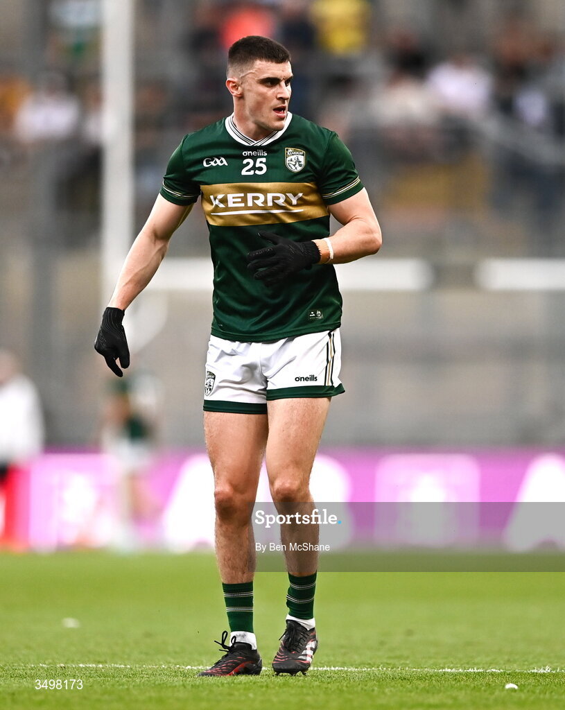 27 June 2026; Seán O'Shea of Kerry during the GAA Football All-Ireland Senior Championship quarter-final match between Kerry and Tyrone at Croke Park in Dublin. Photo by Ben McShane/Sportsfile