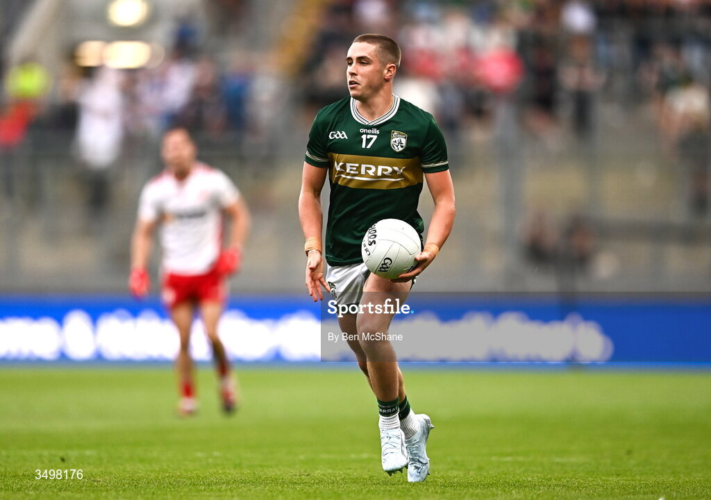 27 June 2026; Evan Looney of Kerry during the GAA Football All-Ireland Senior Championship quarter-final match between Kerry and Tyrone at Croke Park in Dublin. Photo by Ben McShane/Sportsfile