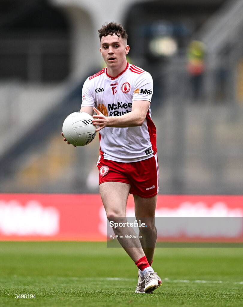 27 June 2026; Eoin McElholm of Tyrone during the GAA Football All-Ireland Senior Championship quarter-final match between Kerry and Tyrone at Croke Park in Dublin. Photo by Ben McShane/Sportsfile
