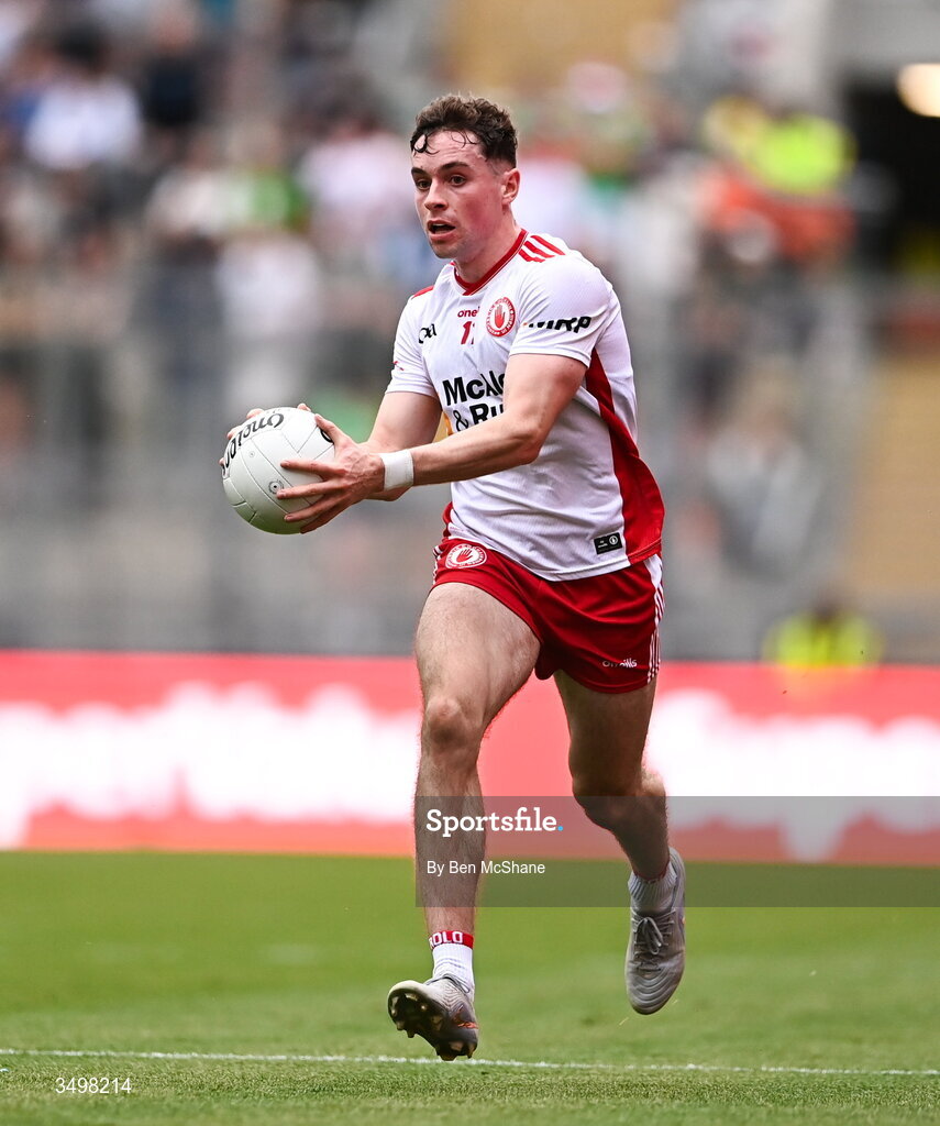 27 June 2026; Eoin McElholm of Tyrone during the GAA Football All-Ireland Senior Championship quarter-final match between Kerry and Tyrone at Croke Park in Dublin. Photo by Ben McShane/Sportsfile