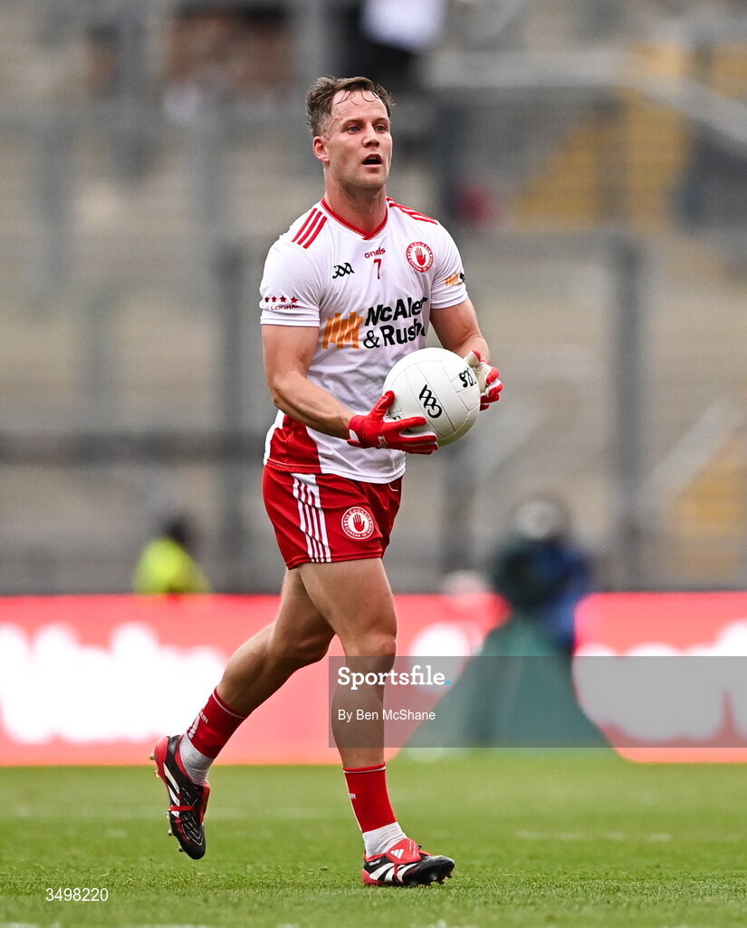 27 June 2026; Kieran McGeary of Tyrone during the GAA Football All-Ireland Senior Championship quarter-final match between Kerry and Tyrone at Croke Park in Dublin. Photo by Ben McShane/Sportsfile