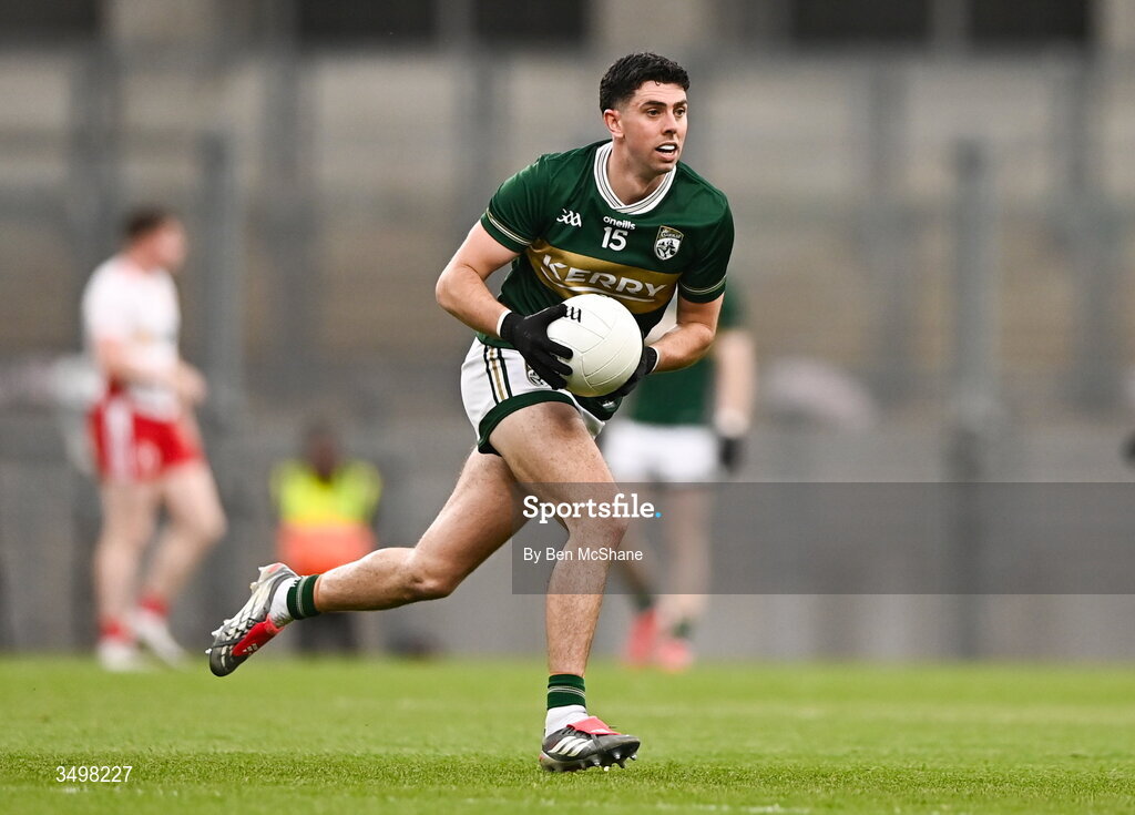 27 June 2026; Dylan Geaney of Kerry during the GAA Football All-Ireland Senior Championship quarter-final match between Kerry and Tyrone at Croke Park in Dublin. Photo by Ben McShane/Sportsfile
