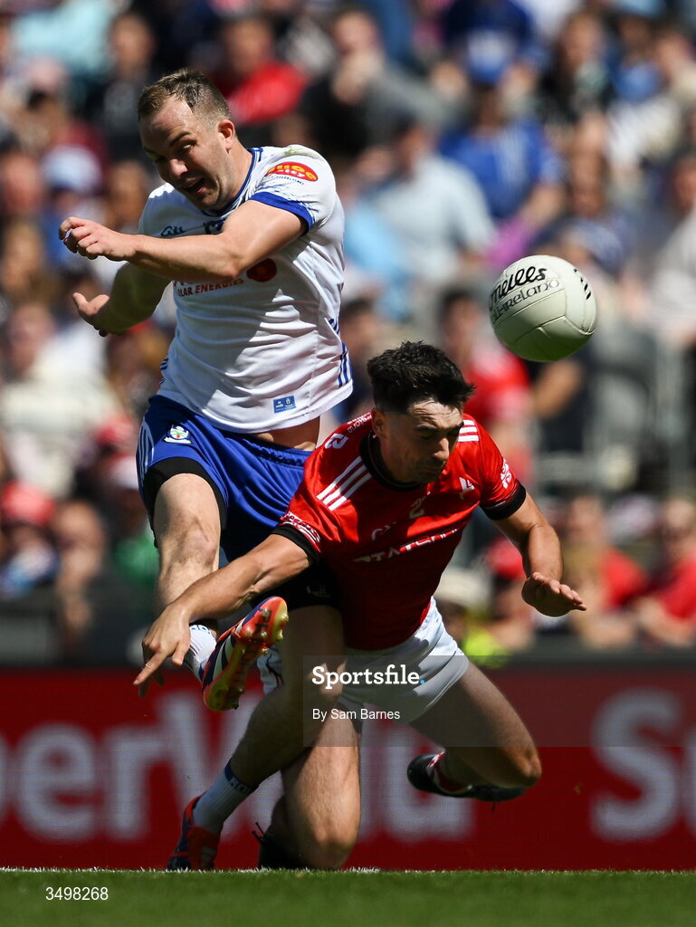 28 June 2026; Jack McCarron of Monaghan in action against Emmet Carolan of Louth during the GAA Football All-Ireland Senior Championship quarter-final match between Louth and Monaghan at Croke Park in Dublin. Photo by Sam Barnes/Sportsfile