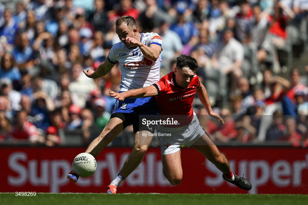 28 June 2026; Jack McCarron of Monaghan in action against Emmet Carolan of Louth during the GAA Football All-Ireland Senior Championship quarter-final match between Louth and Monaghan at Croke Park in Dublin. Photo by Sam Barnes/Sportsfile