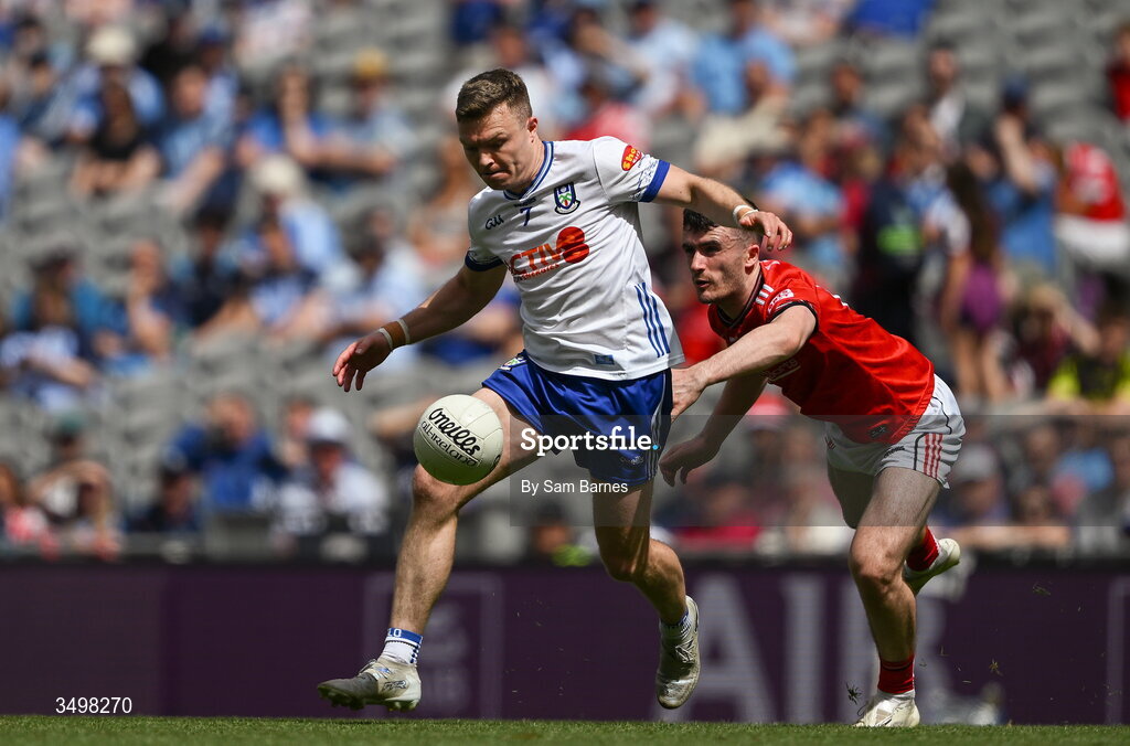 28 June 2026; Conor McCarthy of Monaghan in action against Daire Nally of Louth during the GAA Football All-Ireland Senior Championship quarter-final match between Louth and Monaghan at Croke Park in Dublin. Photo by Sam Barnes/Sportsfile