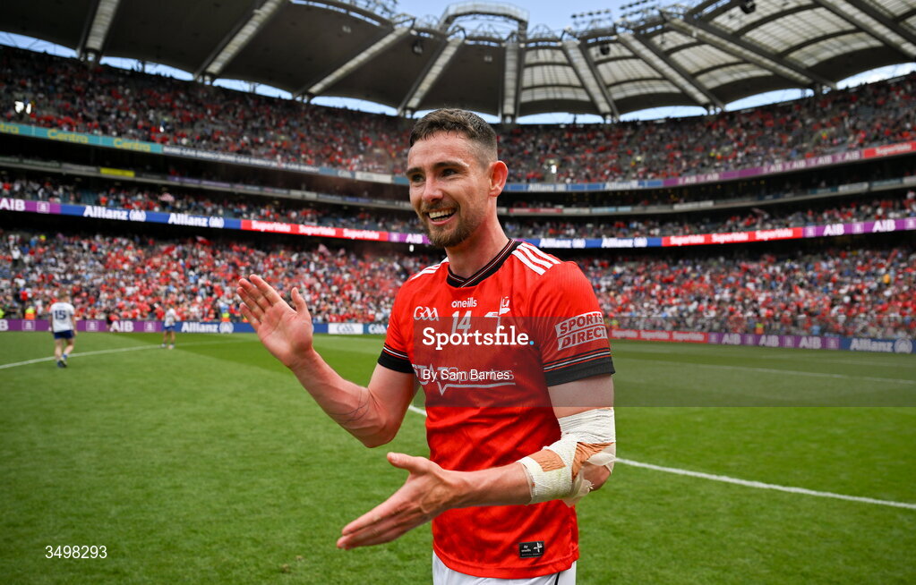 28 June 2026; Ciaran Downey of Louth celebrates after his side's victory in the GAA Football All-Ireland Senior Championship quarter-final match between Louth and Monaghan at Croke Park in Dublin. Photo by Sam Barnes/Sportsfile