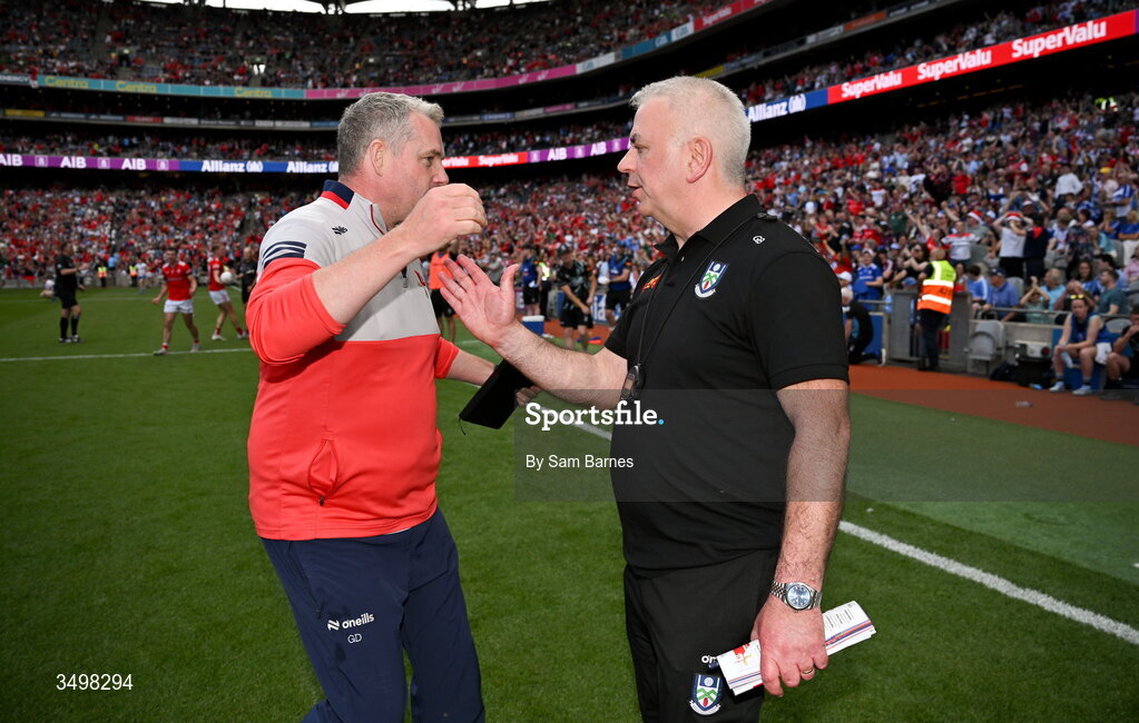 28 June 2026; Louth manager Gavin Devlin, left, and Monaghan manager Gabriel Bannigan shake hands after the GAA Football All-Ireland Senior Championship quarter-final match between Louth and Monaghan at Croke Park in Dublin. Photo by Sam Barnes/Sportsfile