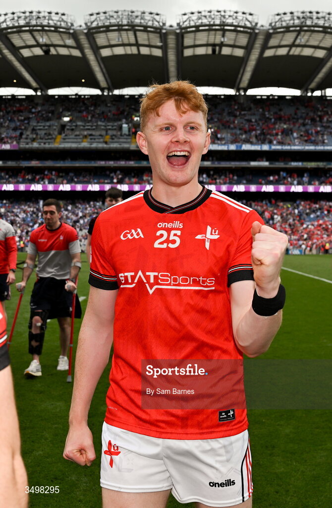 28 June 2026; Padric Tinnelly of Louth celebrates after his side's victory in the GAA Football All-Ireland Senior Championship quarter-final match between Louth and Monaghan at Croke Park in Dublin. Photo by Sam Barnes/Sportsfile