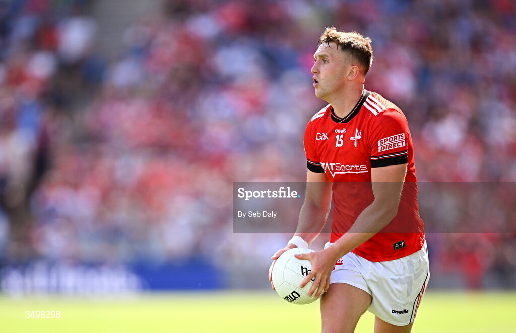 28 June 2026; Ryan Burns of Louth during the GAA Football All-Ireland Senior Championship quarter-final match between Louth and Monaghan at Croke Park in Dublin. Photo by Seb Daly/Sportsfile
