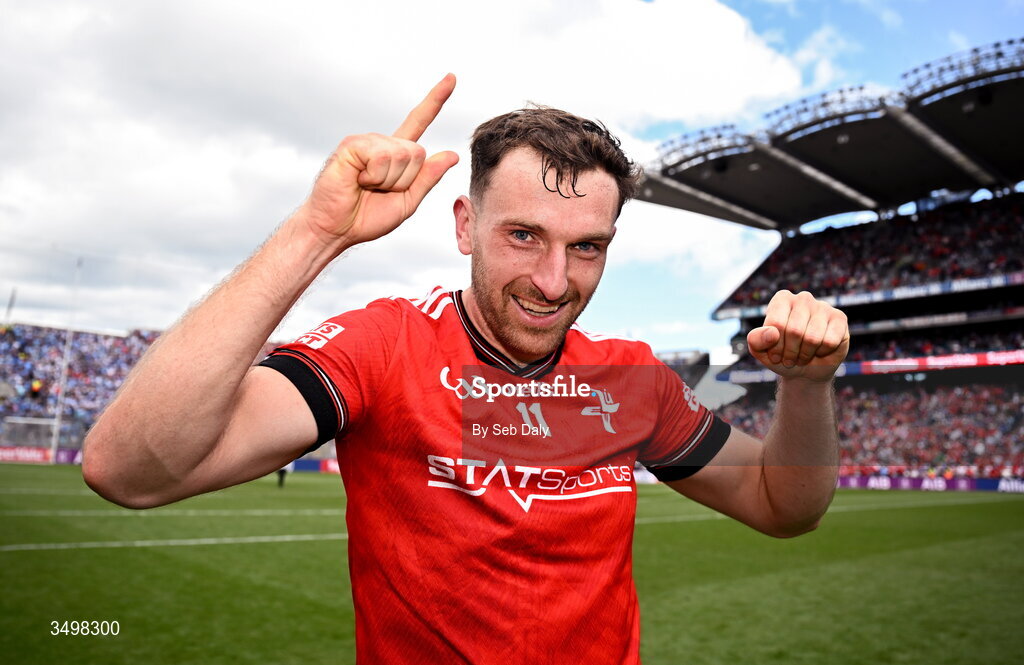 28 June 2026; Sam Mulroy of Louth celebrates after his side's victory in the GAA Football All-Ireland Senior Championship quarter-final match between Louth and Monaghan at Croke Park in Dublin. Photo by Seb Daly/Sportsfile