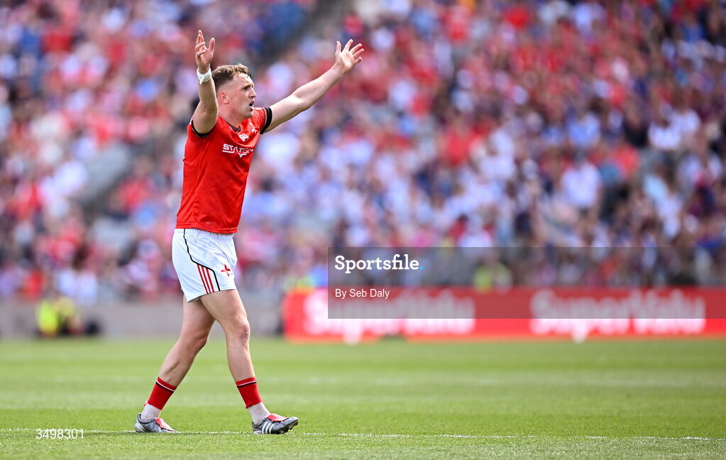 28 June 2026; Ryan Burns of Louth during the GAA Football All-Ireland Senior Championship quarter-final match between Louth and Monaghan at Croke Park in Dublin. Photo by Seb Daly/Sportsfile