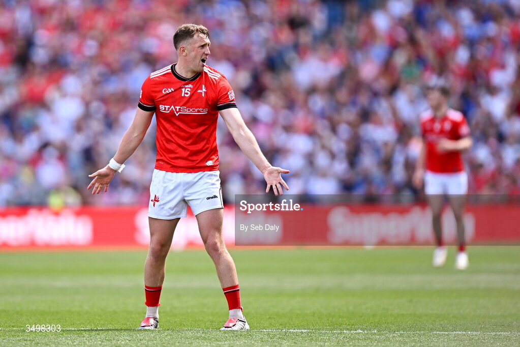 28 June 2026; Ryan Burns of Louth during the GAA Football All-Ireland Senior Championship quarter-final match between Louth and Monaghan at Croke Park in Dublin. Photo by Seb Daly/Sportsfile