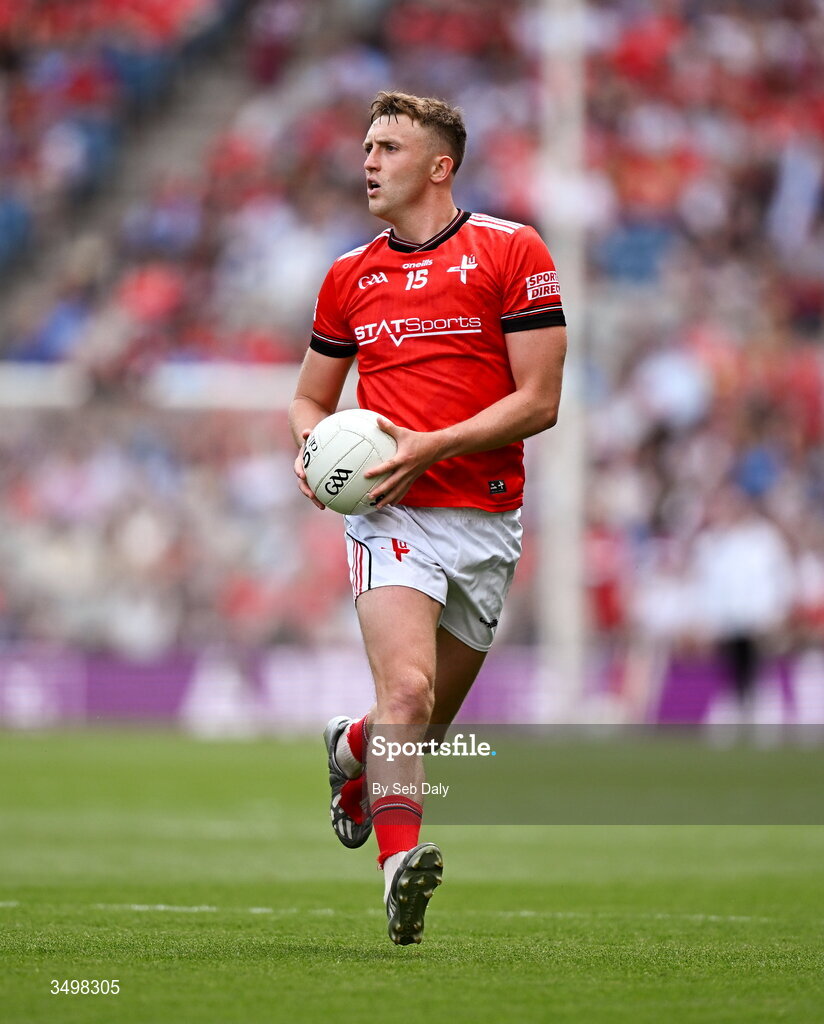 28 June 2026; Ryan Burns of Louth during the GAA Football All-Ireland Senior Championship quarter-final match between Louth and Monaghan at Croke Park in Dublin. Photo by Seb Daly/Sportsfile