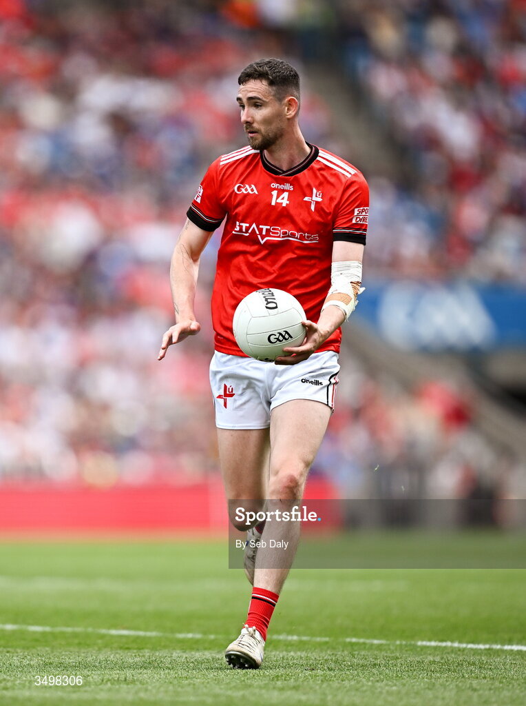 28 June 2026; Ciaran Downey of Louth during the GAA Football All-Ireland Senior Championship quarter-final match between Louth and Monaghan at Croke Park in Dublin. Photo by Seb Daly/Sportsfile