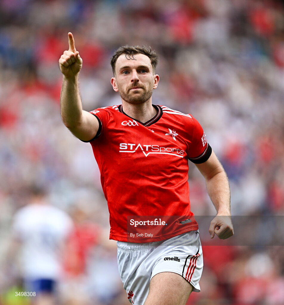 28 June 2026; Sam Mulroy of Louth celebrates after his side's victory in the GAA Football All-Ireland Senior Championship quarter-final match between Louth and Monaghan at Croke Park in Dublin. Photo by Seb Daly/Sportsfile