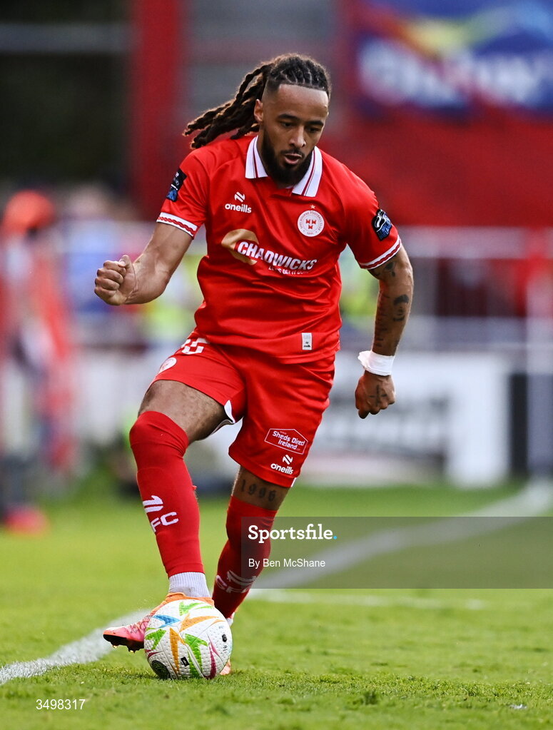 22 June 2026; Milan Mbeng of Shelbourne during the SSE Airtricity Men’s Premier Division match between Shelbourne and Bohemians at Tolka Park in Dublin. Photo by Ben McShane/Sportsfile
