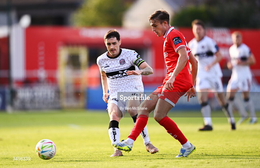 22 June 2026; Evan Caffrey of Shelbourne and Dawson Devoy of Bohemians during the SSE Airtricity Men’s Premier Division match between Shelbourne and Bohemians at Tolka Park in Dublin. Photo by Ben McShane/Sportsfile