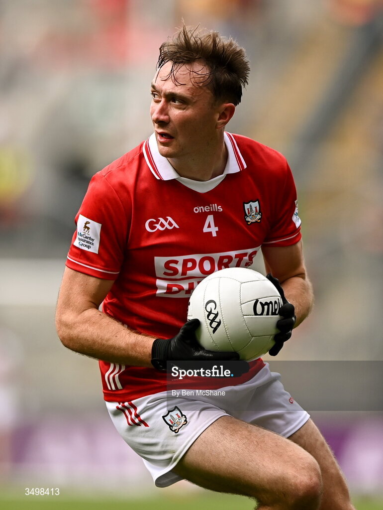 27 June 2026; Seán Meehan of Cork during the GAA Football All-Ireland Senior Championship quarter-final match between Cork and Mayo at Croke Park in Dublin. Photo by Ben McShane/Sportsfile