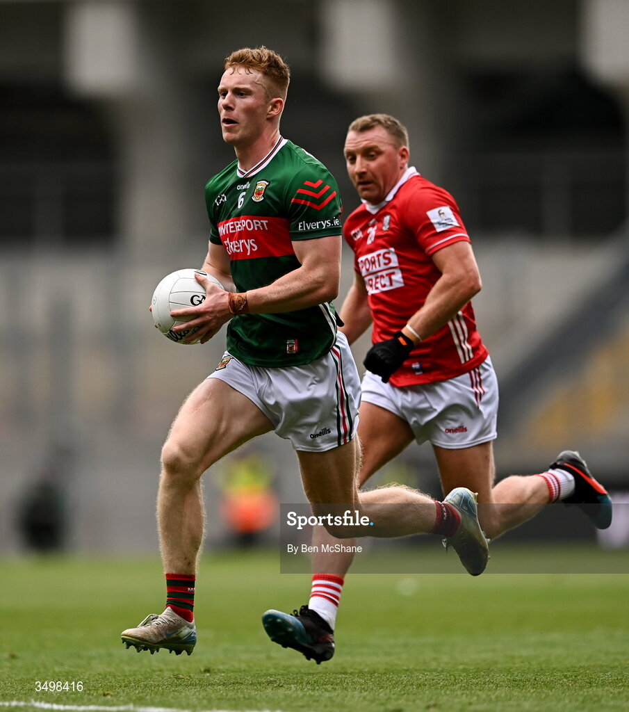 27 June 2026; David McBrien of Mayo and Brian Hurley of Cork during the GAA Football All-Ireland Senior Championship quarter-final match between Cork and Mayo at Croke Park in Dublin. Photo by Ben McShane/Sportsfile