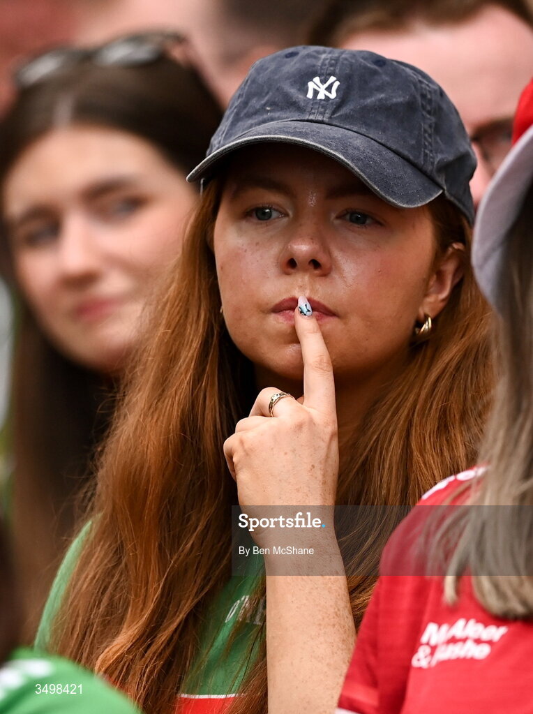 27 June 2026; Mayo supporters react late on in the GAA Football All-Ireland Senior Championship quarter-final match between Cork and Mayo at Croke Park in Dublin. Photo by Ben McShane/Sportsfile