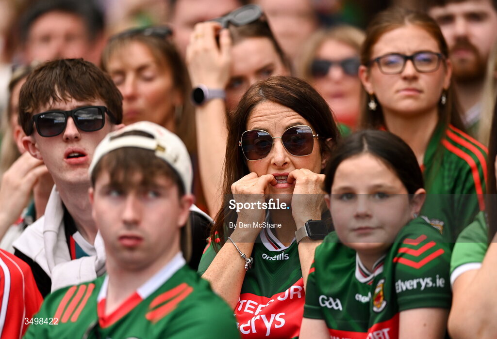 27 June 2026; Mayo supporters react late on in the GAA Football All-Ireland Senior Championship quarter-final match between Cork and Mayo at Croke Park in Dublin. Photo by Ben McShane/Sportsfile