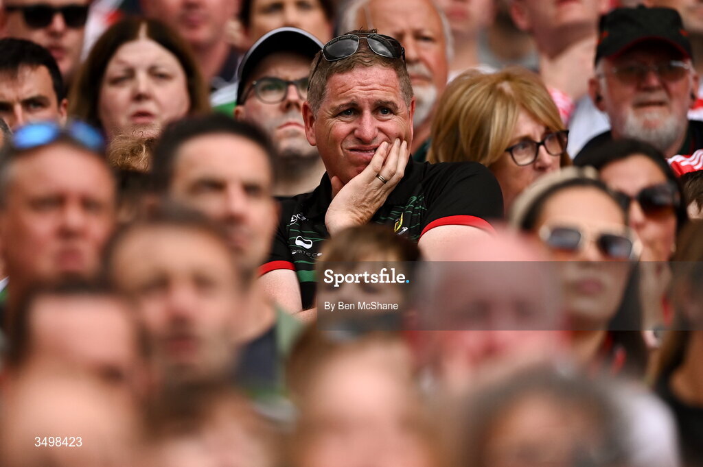 27 June 2026; Mayo supporters react late on in the GAA Football All-Ireland Senior Championship quarter-final match between Cork and Mayo at Croke Park in Dublin. Photo by Ben McShane/Sportsfile