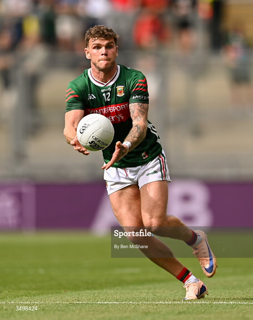 27 June 2026; Jordan Flynn of Mayo during the GAA Football All-Ireland Senior Championship quarter-final match between Cork and Mayo at Croke Park in Dublin. Photo by Ben McShane/Sportsfile