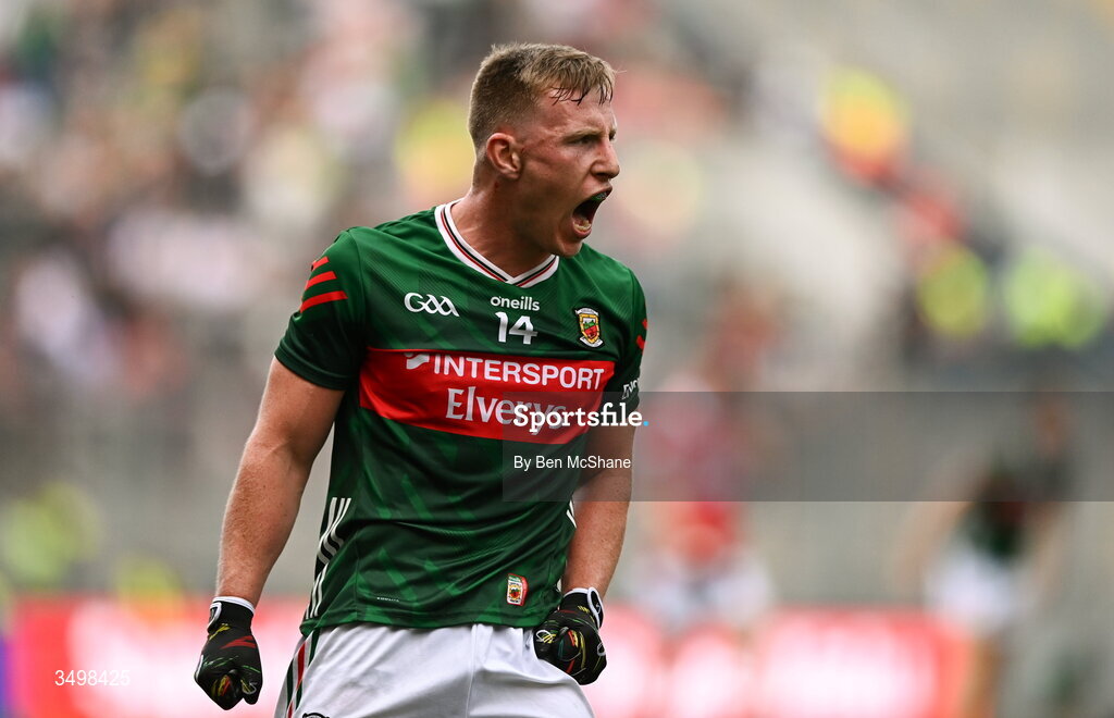 27 June 2026; Ryan O'Donoghue of Mayo celebrates during the GAA Football All-Ireland Senior Championship quarter-final match between Cork and Mayo at Croke Park in Dublin. Photo by Ben McShane/Sportsfile